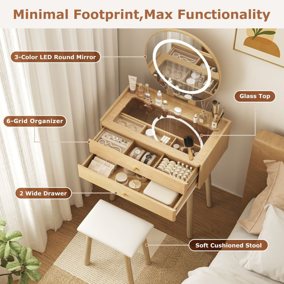 Small Glass-Top Makeup Vanity Desk with Round LED Mirror and Stool