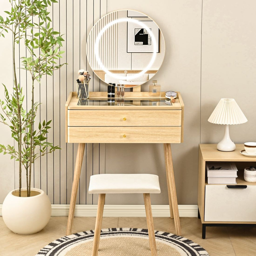 Small Glass-Top Makeup Vanity Desk with Round LED Mirror and Stool