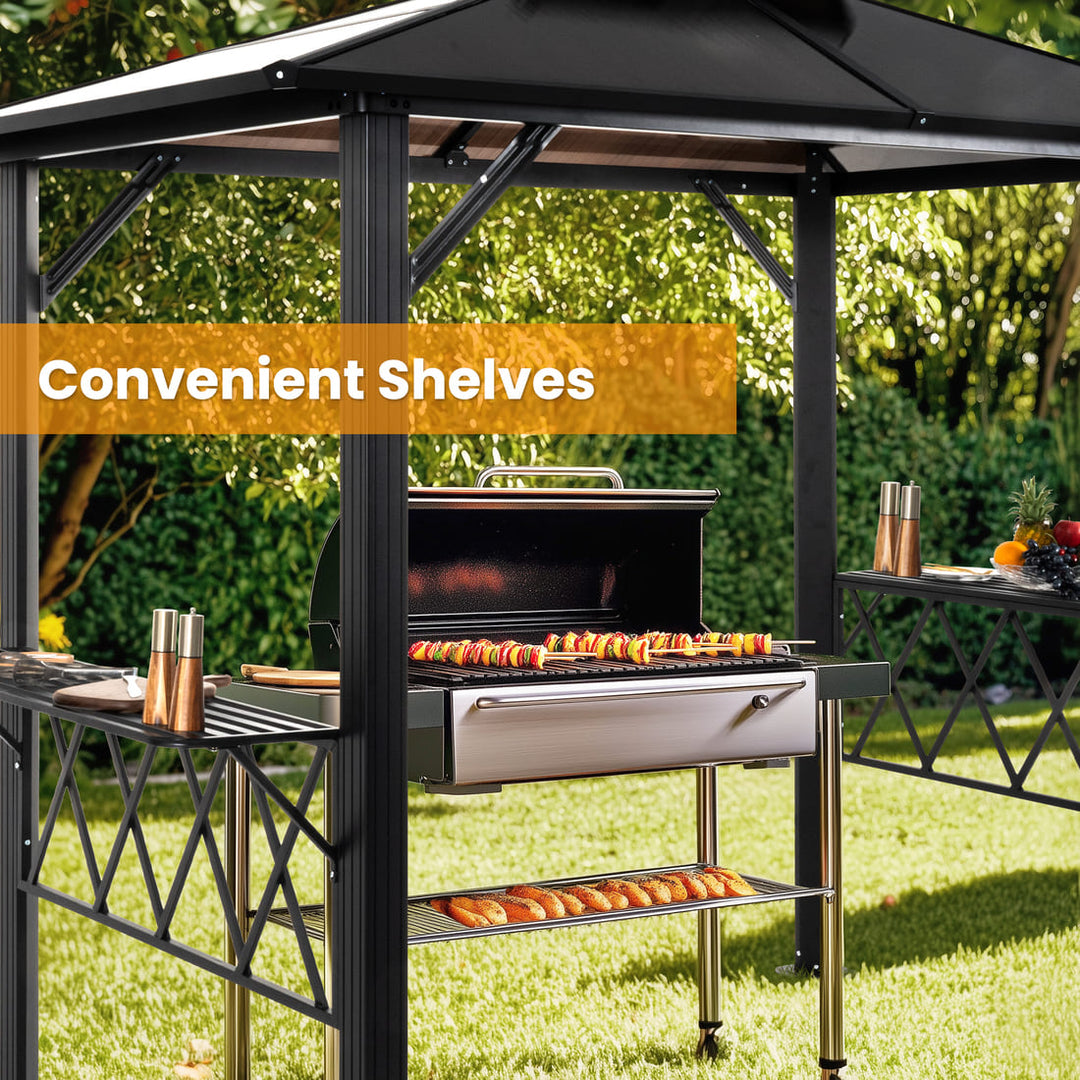 Pamapic Hardtop Grill Gazebo Canopy with 2-Tier Roof and Shelves