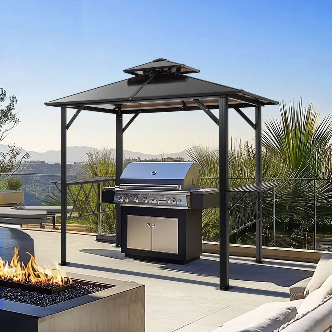 Pamapic Hardtop Grill Gazebo Canopy with 2-Tier Roof and Shelves