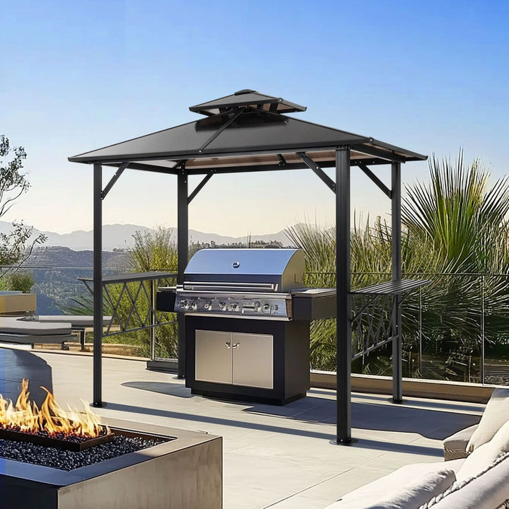 Pamapic Hardtop Grill Gazebo Canopy with 2-Tier Roof and Shelves