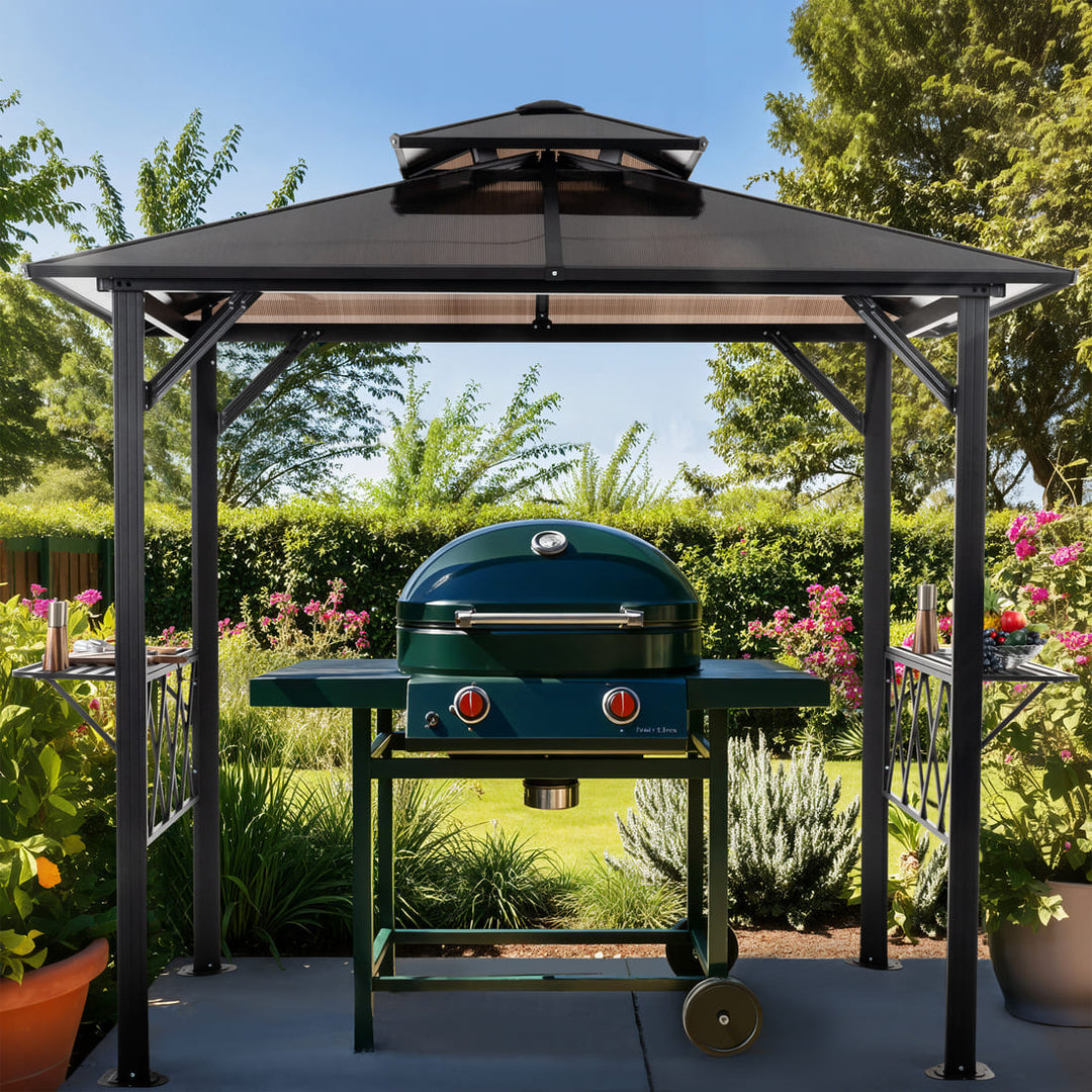 Pamapic Hardtop Grill Gazebo Canopy with 2-Tier Roof and Shelves