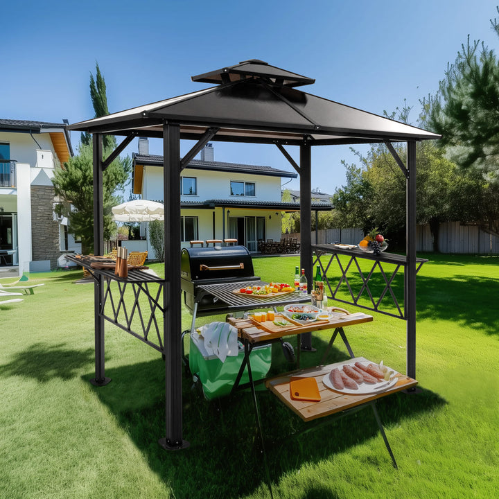 Pamapic Hardtop Grill Gazebo Canopy with 2-Tier Roof and Shelves