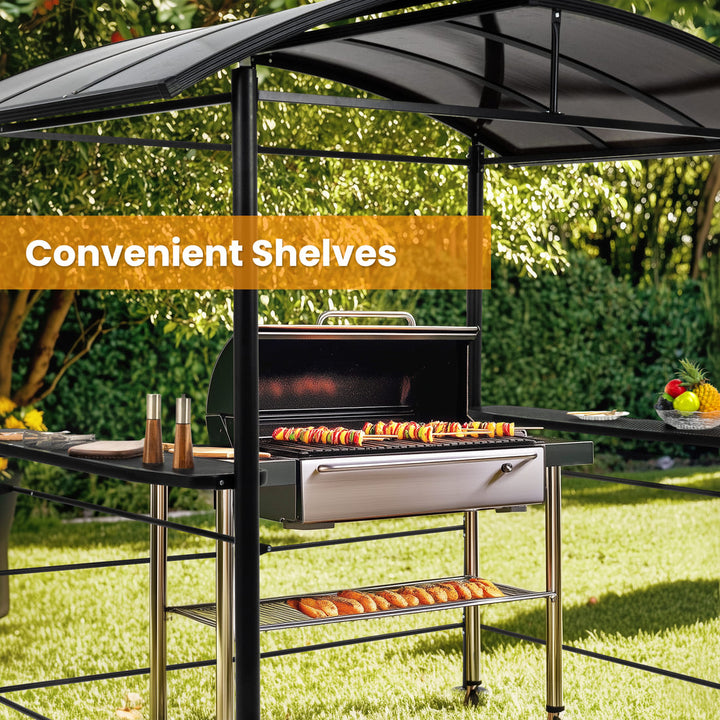 Pamapic Hardtop Grill Gazebo Canopy with 2-Tier Roof and Shelves