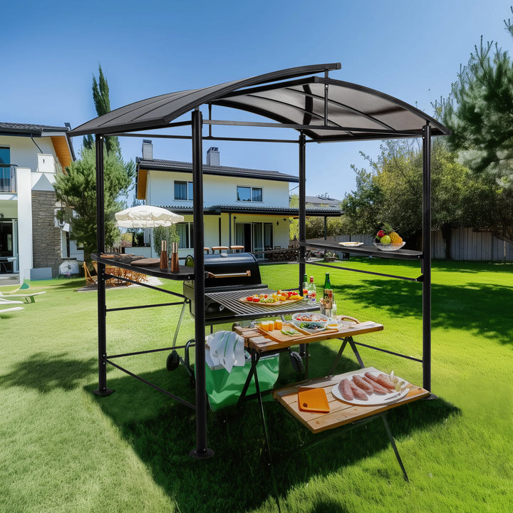 Pamapic Hardtop Grill Gazebo Canopy with 2-Tier Roof and Shelves