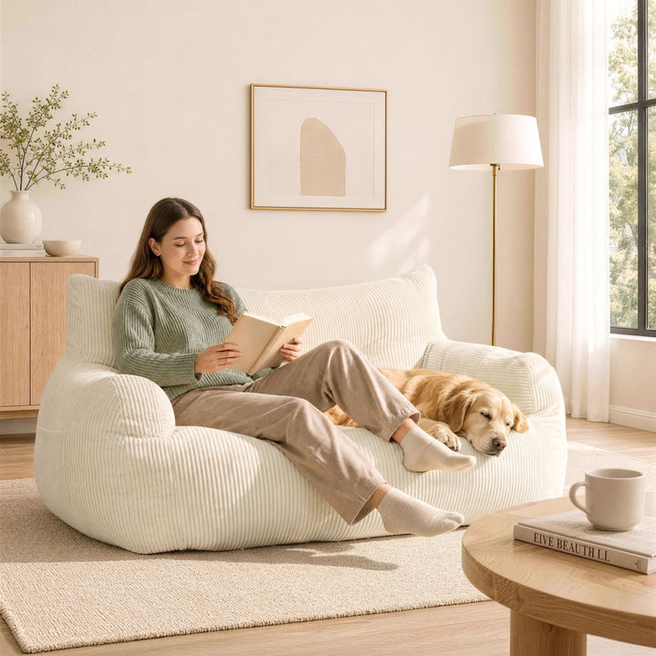 2-Person Bean Bag Sofa Chair, 63" Wide Corduroy with Memory Foam
