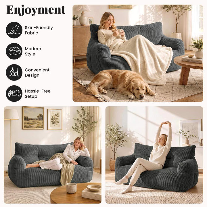 2-Person Bean Bag Sofa Chair, 63" Wide Corduroy with Memory Foam