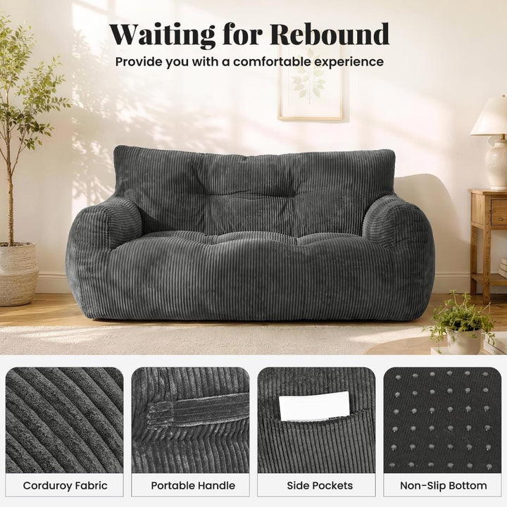 2-Person Bean Bag Sofa Chair, 63" Wide Corduroy with Memory Foam