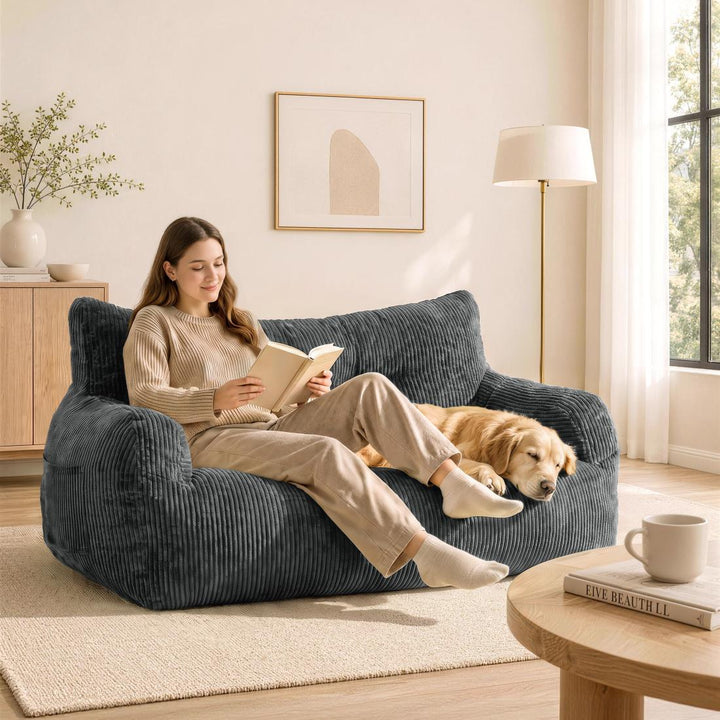 2-Person Bean Bag Sofa Chair, 63" Wide Corduroy with Memory Foam