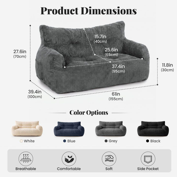2-Person Bean Bag Sofa Chair, 63" Wide Corduroy with Memory Foam