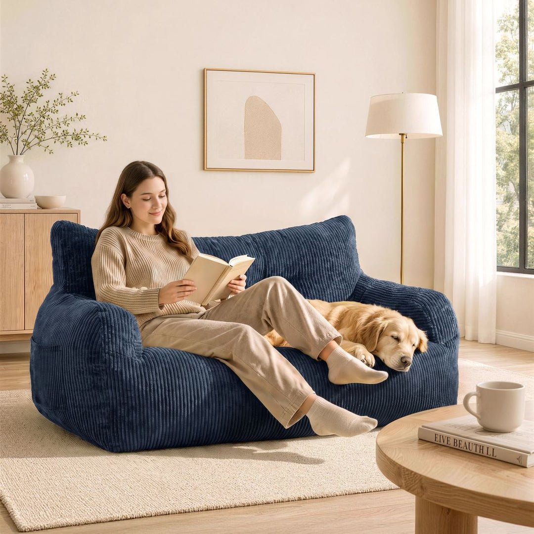 2-Person Bean Bag Sofa Chair, 63" Wide Corduroy with Memory Foam