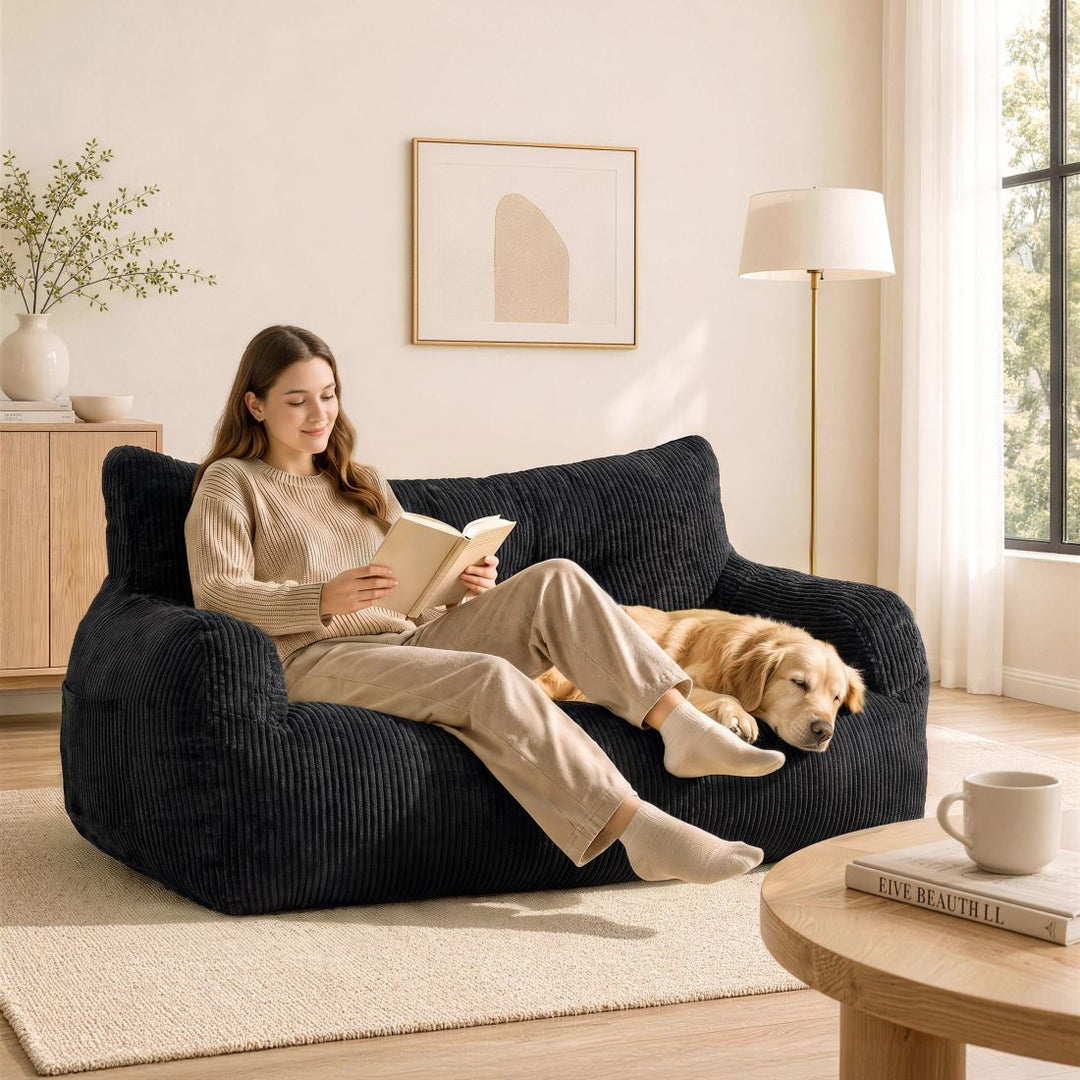 2-Person Bean Bag Sofa Chair, 63" Wide Corduroy with Memory Foam