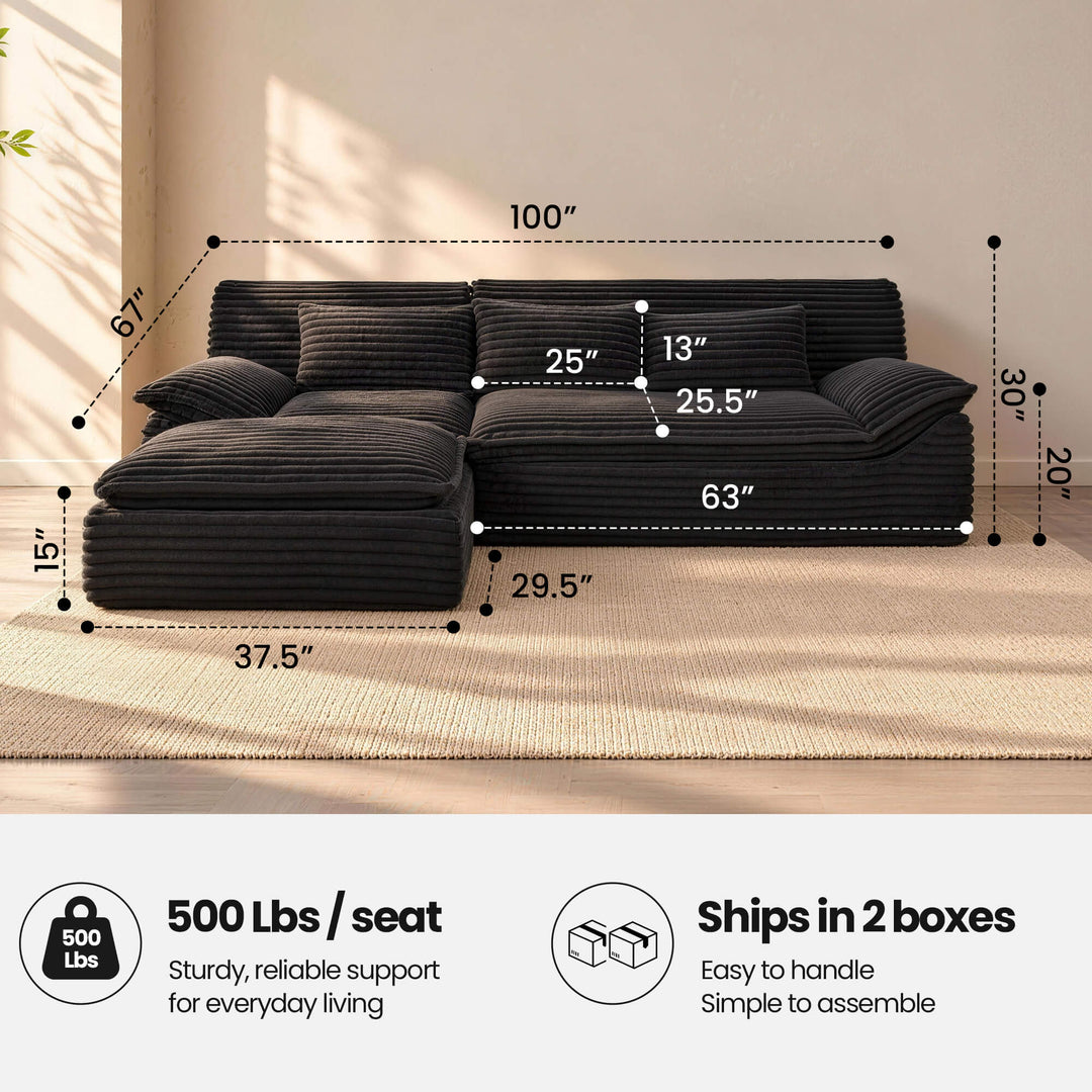 Pamapic Corduroy Boneless Cloud Sectional Sofa dimensions diagram