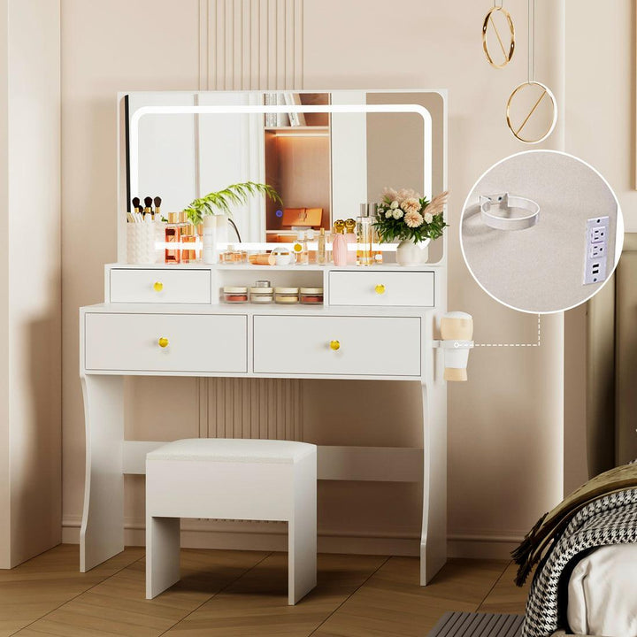 Built-in USB charging ports and hairdryer holder in vanity desk for clutter-free styling sessions