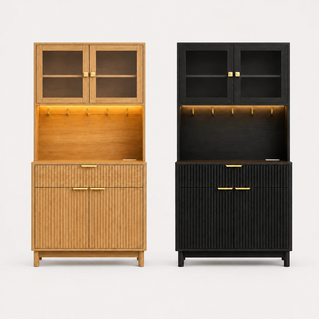 2-Door Fluted Kitchen Hutch, Compact Coffee Bar