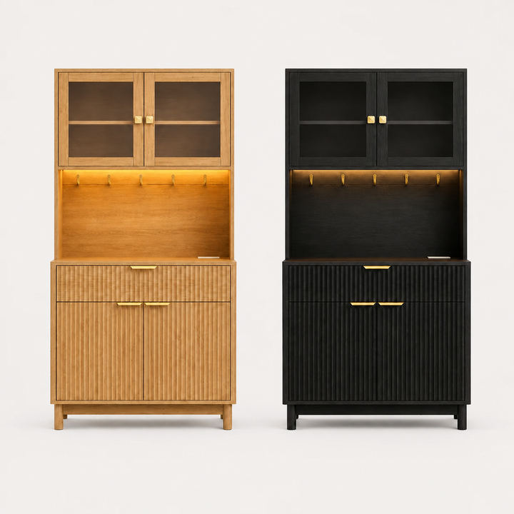 2-Door Fluted Kitchen Hutch, Compact Coffee Bar