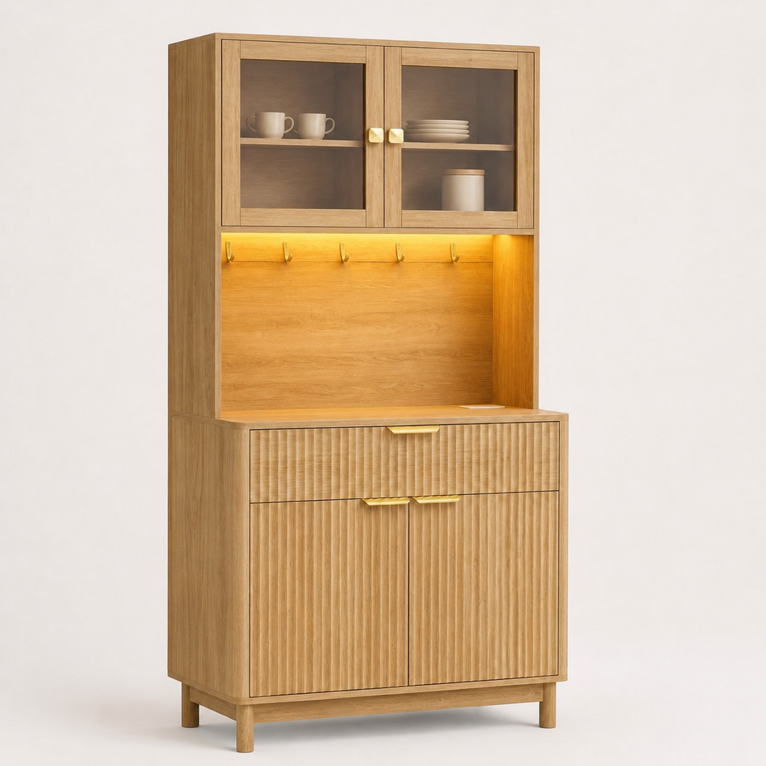 2-Door Fluted Kitchen Hutch, Compact Coffee Bar