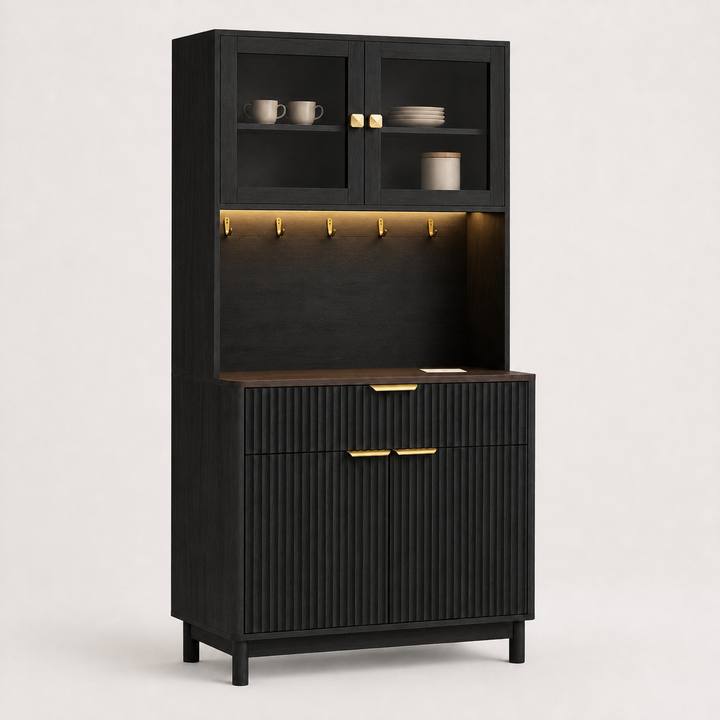 2-Door Fluted Kitchen Hutch, Compact Coffee Bar