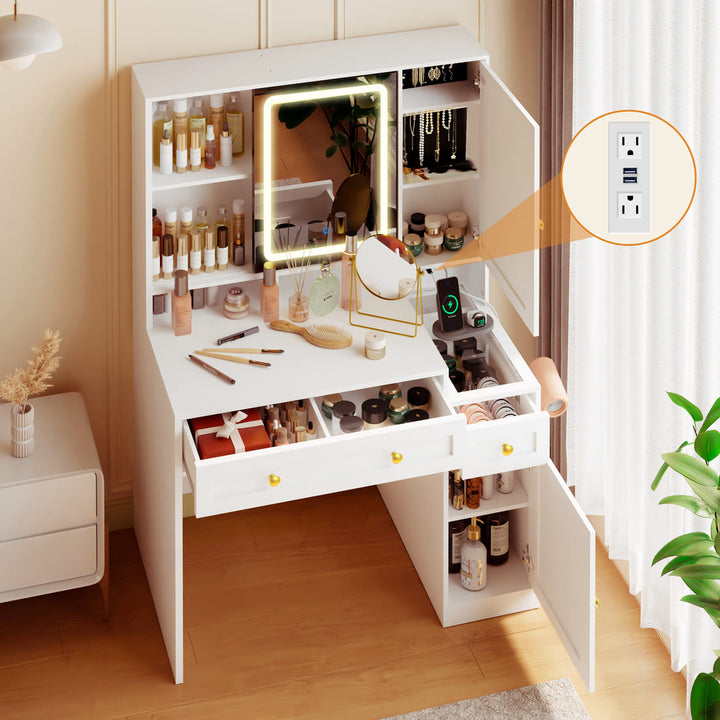 Pamapic 43" Wide Vanity Makeup Desk with Sliding Lighted Mirror & 3 Drawers