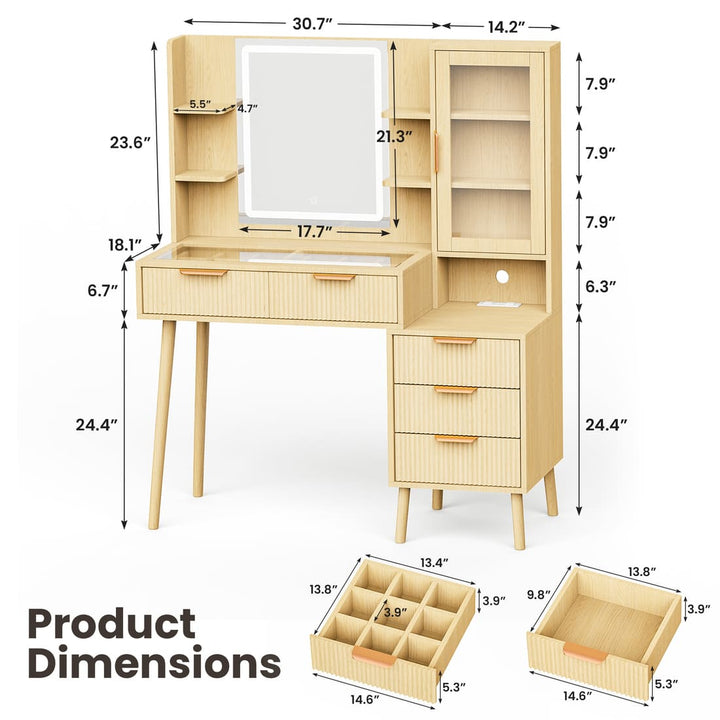 Pamapic Girls Vanity Desk with Mirror & 5 Drawers, Natural Oak