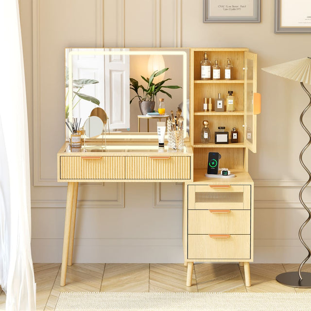 Wooden vanity with mirror and shelves in a room setting