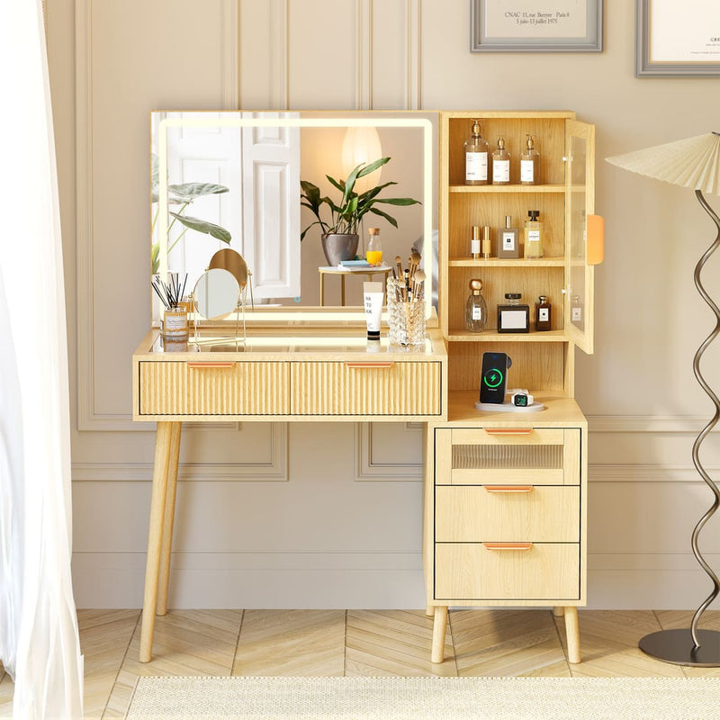 Wooden vanity with mirror and shelves in a room setting