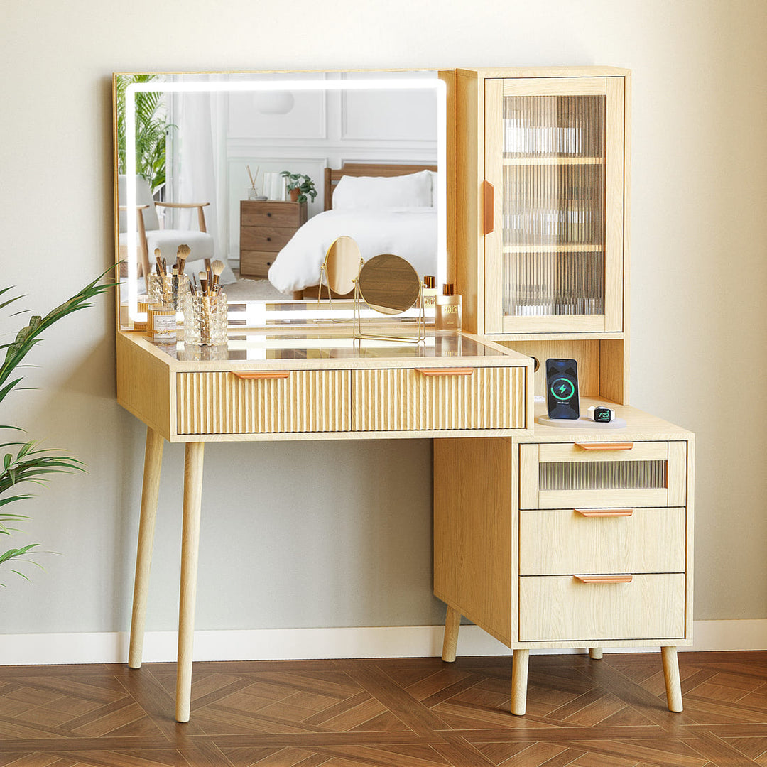 Pamapic Girls Vanity Desk with Mirror & 5 Drawers, Natural Oak