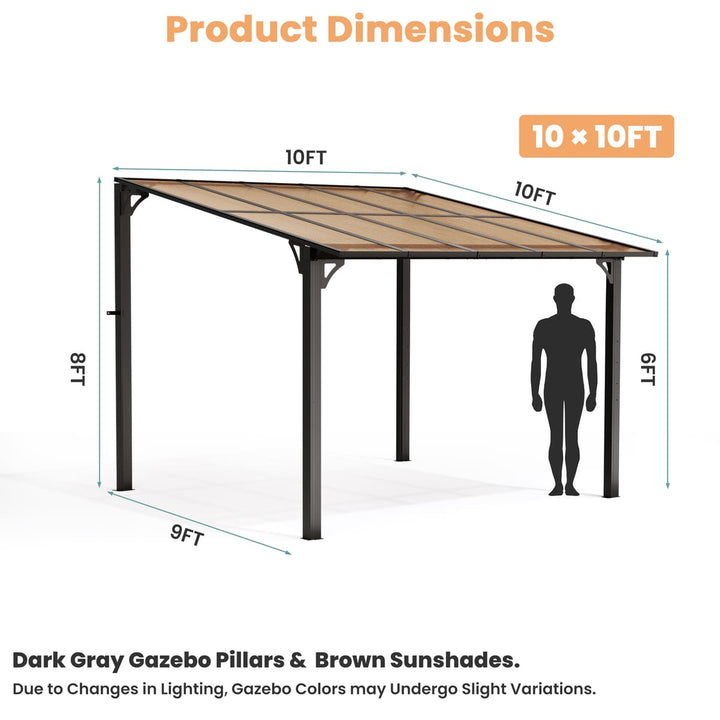 Pamapic Aera wall-mounted lean-to gazebo with 10 x 10 ft product dimensions