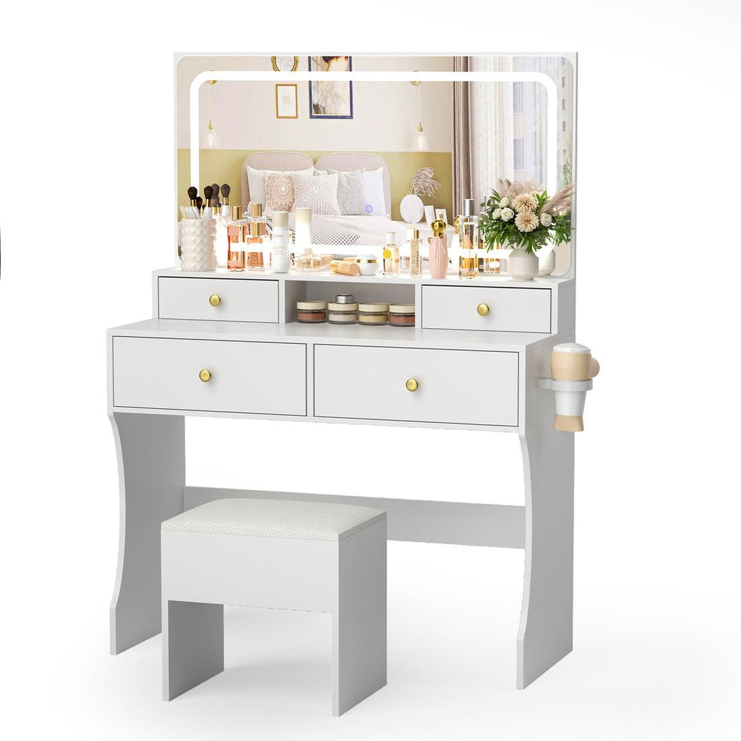 Pamapic white compact vanity desk with LED mirror and hidden storage stool