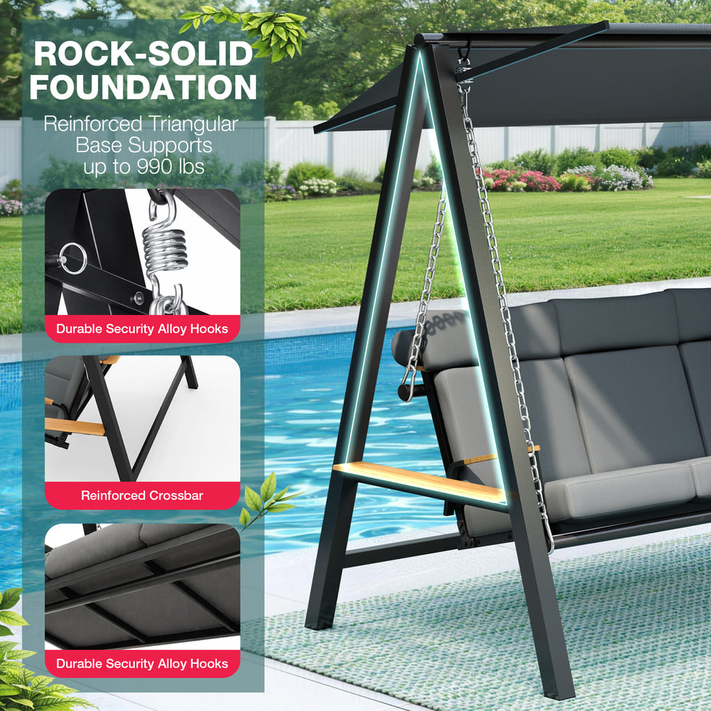 Reinforced frame and support details of the Pamapic Forge patio swing