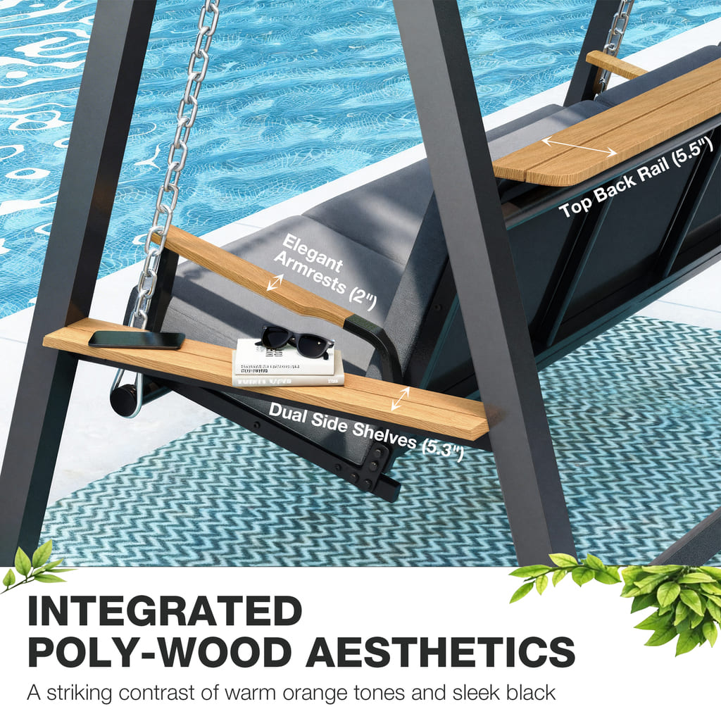 Built-in side trays on the Pamapic Forge 3-seat patio swing for drinks and essentials