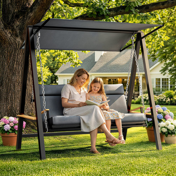 Forge 3-seat patio swing with canopy in a garden relaxation space