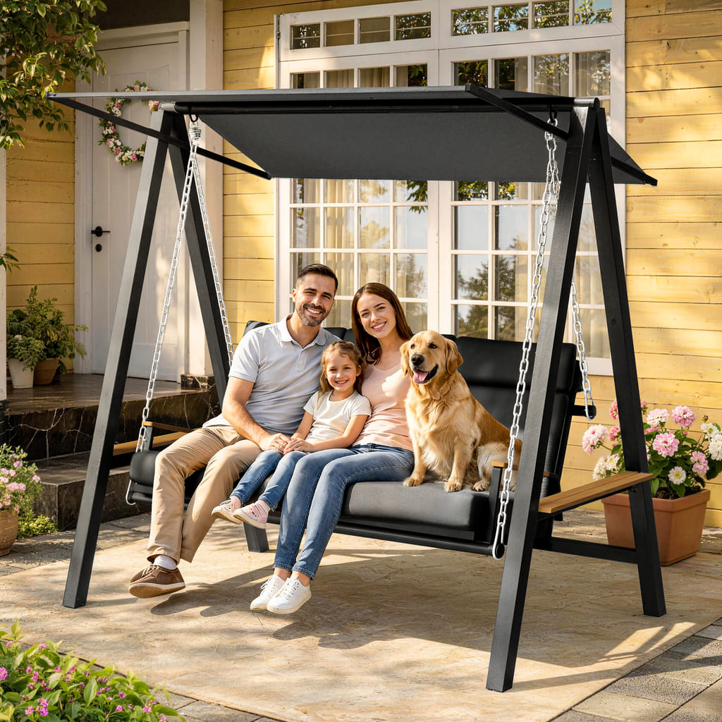 People relaxing on a Pamapic Forge 3-seat patio swing in an outdoor patio setting