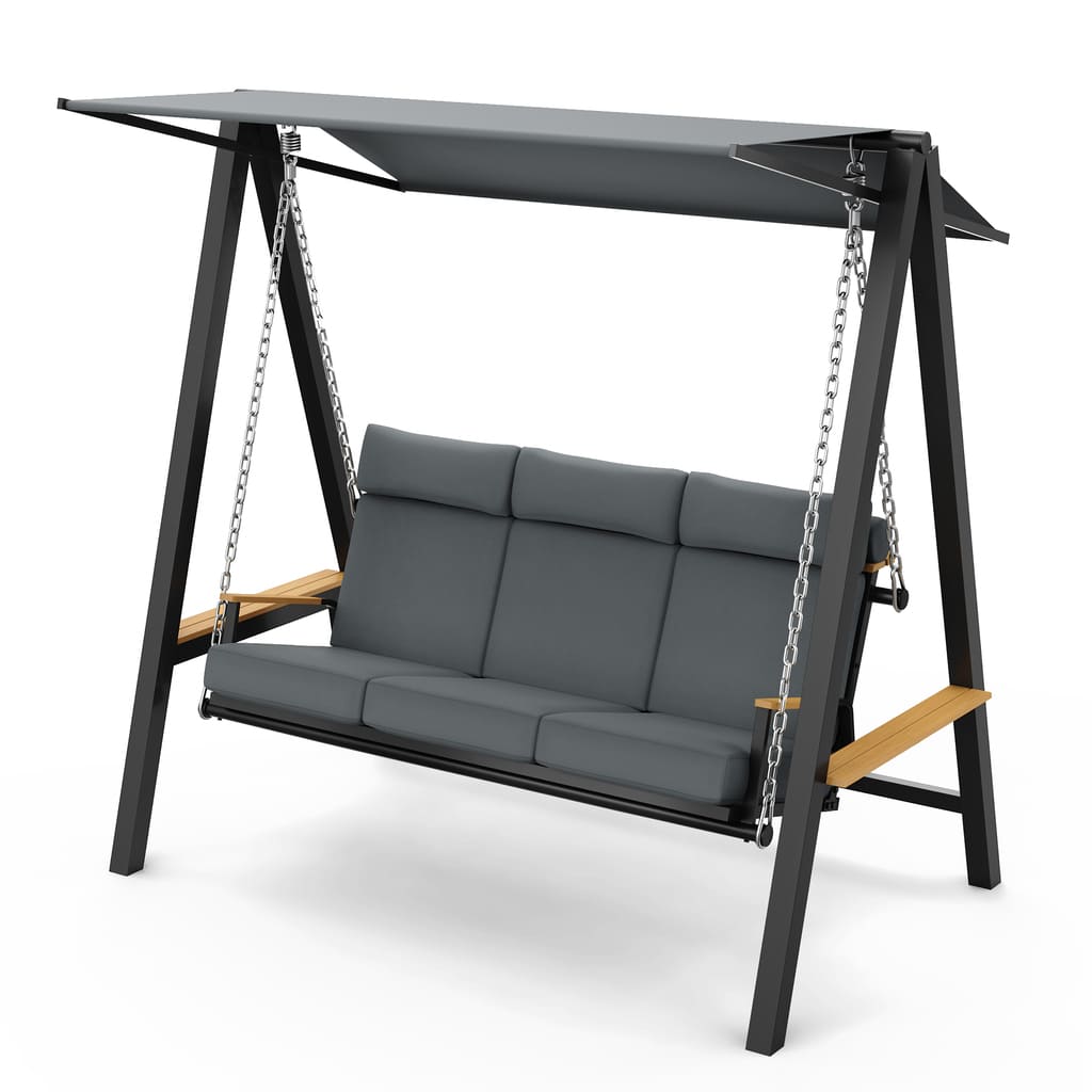 Front view of the Pamapic Forge 3-seat patio swing with canopy and cushions