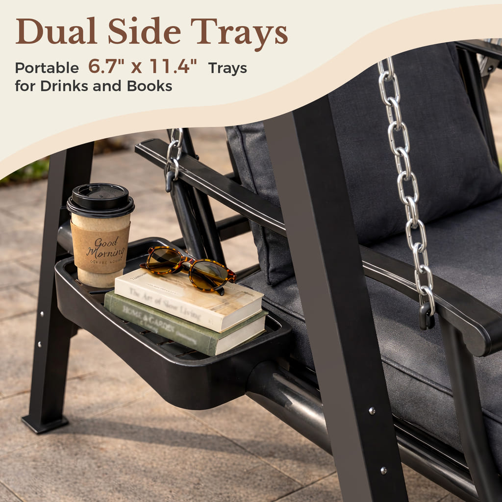 Dual side trays on the Pamapic 1-seat porch swing chair for drinks and essentials