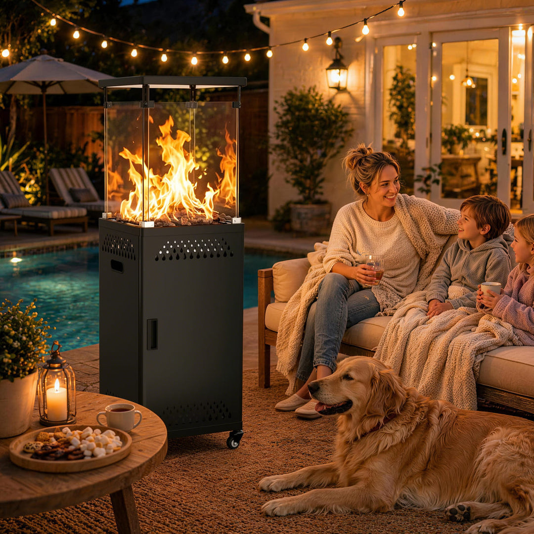 Pamapic Pyra Base patio heater used on an outdoor patio