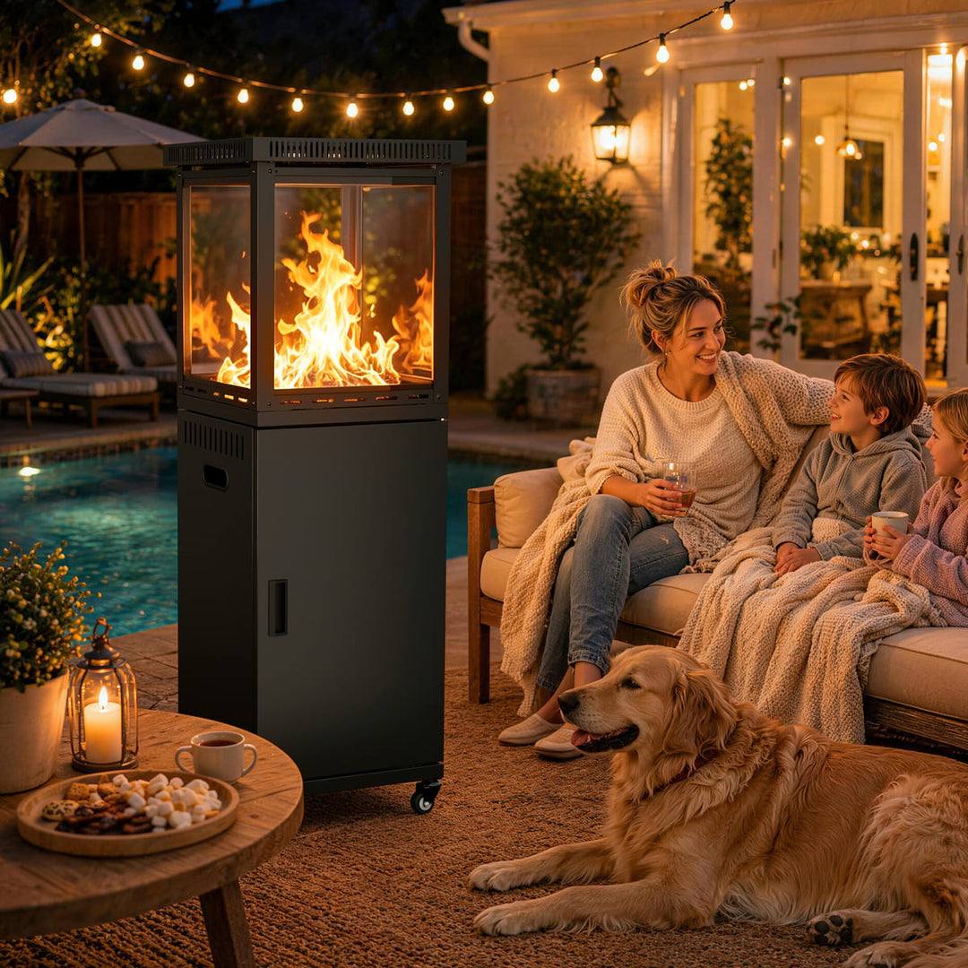 Pamapic Pyra Base Vent Top patio heater used on an outdoor patio