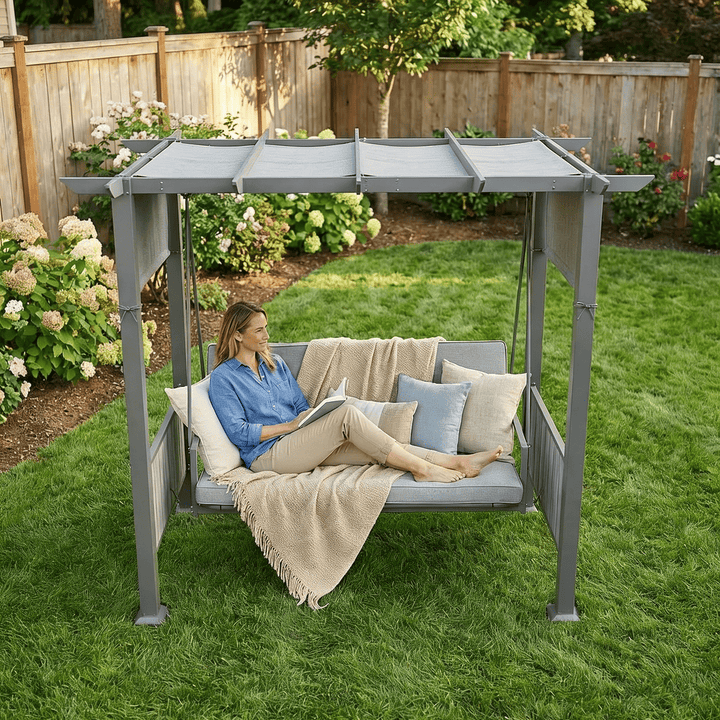 Pamapic 3-Seat Outdoor Metal Pergola Porch Swing Bed with Stand & Cushion, Gray
