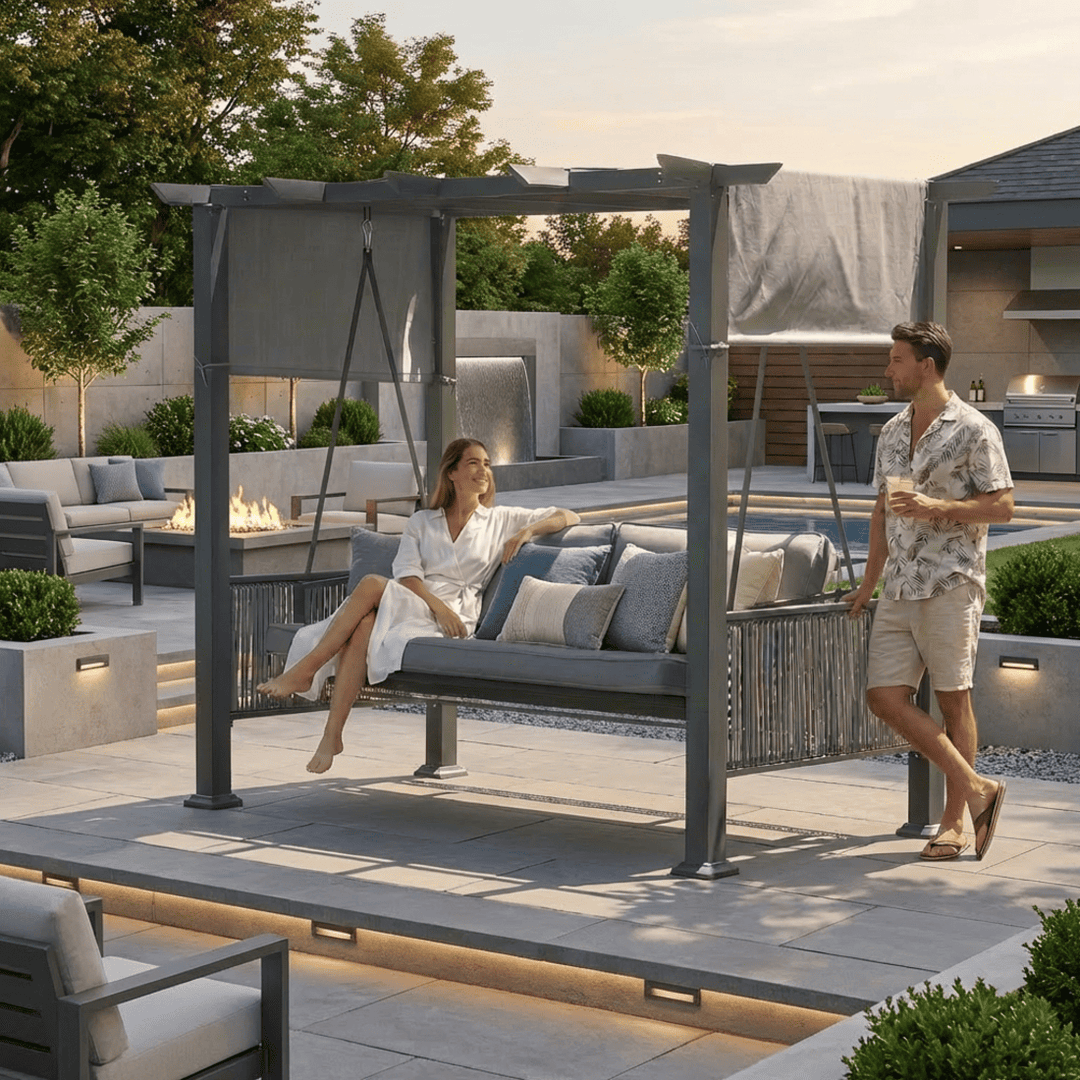 Pamapic 3-Seat Outdoor Metal Pergola Porch Swing Bed with Stand & Cushion, Gray