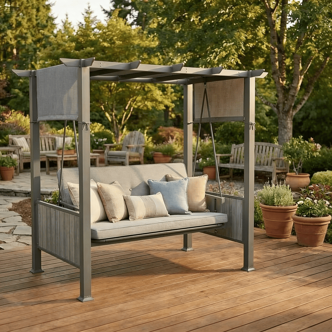 Pamapic 3-Seat Outdoor Metal Pergola Porch Swing Bed with Stand & Cushion, Gray