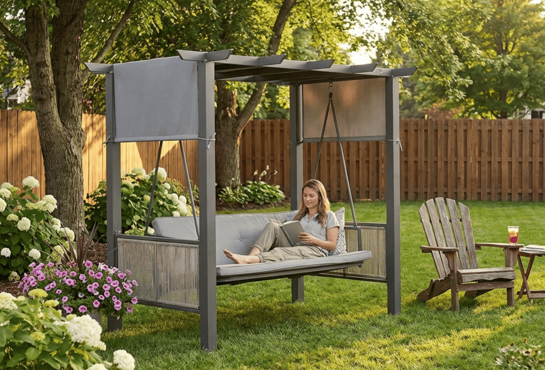 Pamapic 2 in 1 Patio Swing with 7 Pieces HDPE Dining Sets