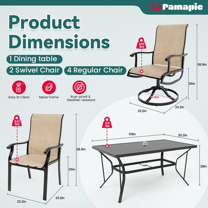 Pamapic Textilene Dining Table with 2 Swivel Chairs (7 Pieces)