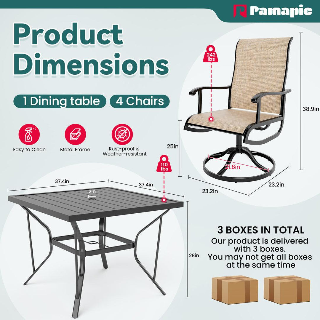 Pamapic Textilene Outdoor Dining Table with 4 Swivel Chairs (5 Pieces)