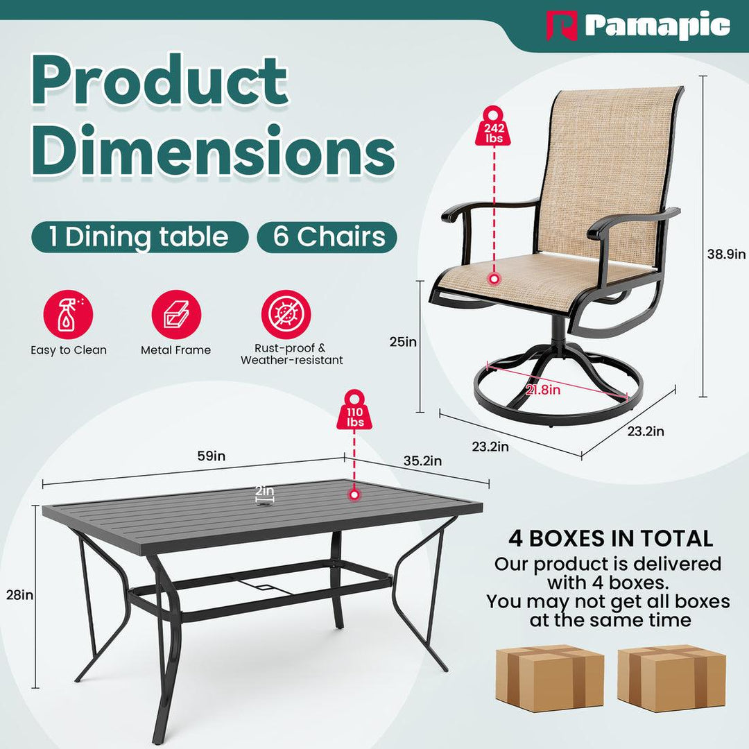 Pamapic Textilene Dining Table with 6 Swivel Chairs (7 Pieces)