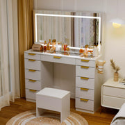 11-Drawer Vanity Desk with LED Mirror & Glass Top, Gold Handles