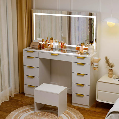 11-Drawer Makeup Vanity Desk with Glass Top
