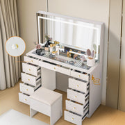 11-Drawer Vanity Desk with LED Mirror & Glass Top, Crystal Knobs