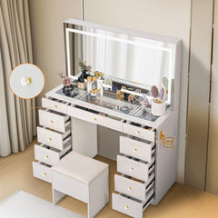 11-Drawer Vanity Desk with LED Mirror & Glass Top, Crystal Knobs