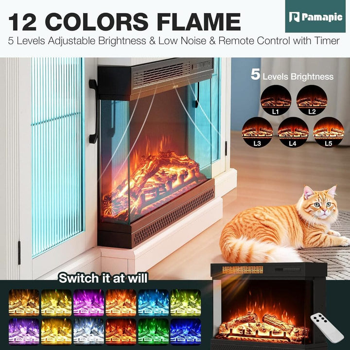 Pamapic 3-Sided Glass Electric Fireplace TV Stand with 12-Color LED & Stripe Glass Door