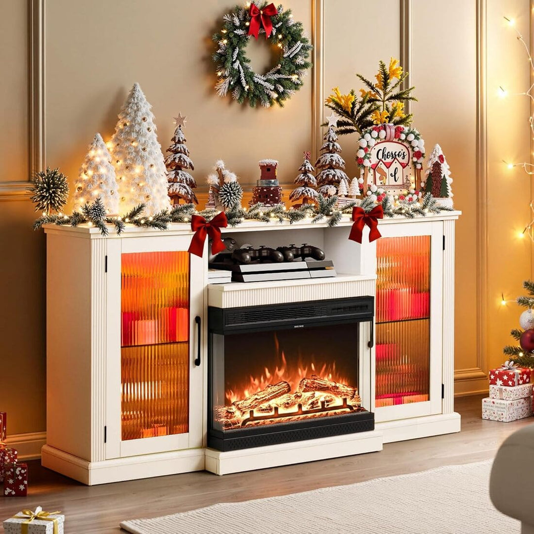 Pamapic 3-Sided Glass Electric Fireplace TV Stand with 12-Color LED & Stripe Glass Door
